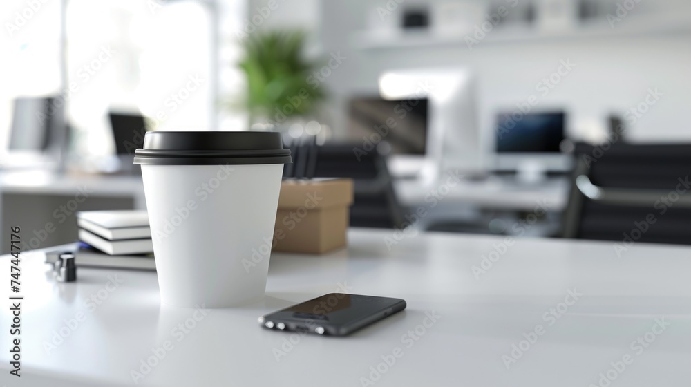Poster a cup of coffee and a cell phone on a table. suitable for technology and lifestyle concepts