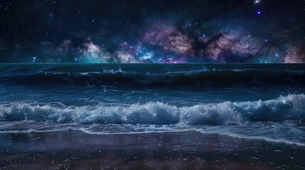 Celestial serenity: Sea waves rolling onto a sandy beach under a starry sky at night. Perfect for stock images capturing the tranquil beauty of a coastal landscape under the night sky