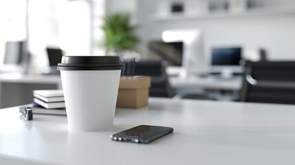 A cup of coffee and a cell phone on a table. Suitable for technology and lifestyle concepts