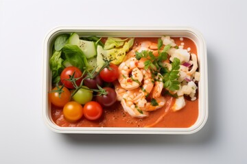 Close-up view photography of a tasty gazpacho in a bento box against a white marble background. AI Generation