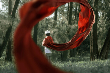 Boy with crown and red cape in the woods