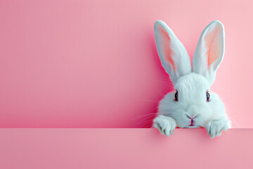 Cute white Easter bunny rabbit peeping behind pink background.