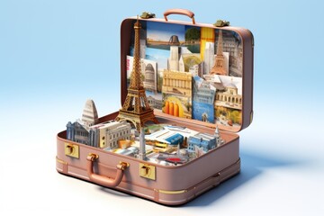 open suitcase with France landmarks inside