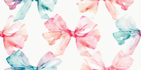 Watercolor pattern with transparent ribbons and bows. Hand drawn watercolor illustration isolated on white background