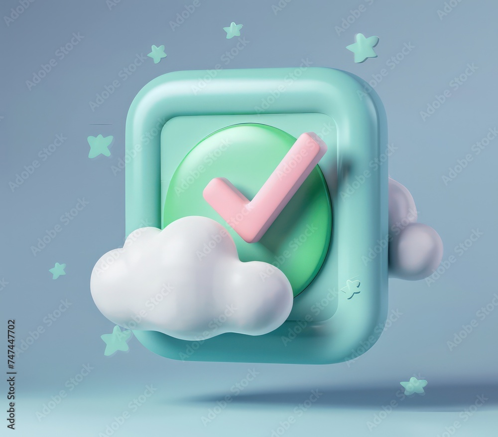 Fototapete green shield with a dotted check mark on cloud,a 3d rendered blue rounded square button, playful and colourful and bubbly pixelated