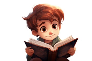 portrait of cute boy reading book on white background 