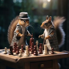 squirrel plays chess. Chess game on the board