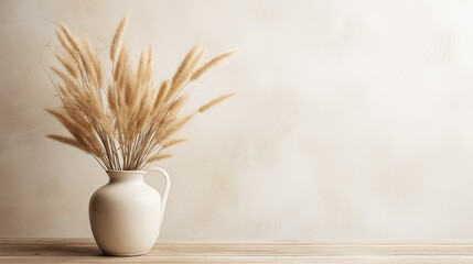 Minimalistic style white vase and dried wheat on a wooden surface against a neutral background.