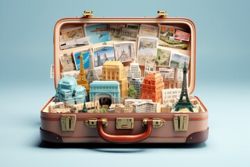 open suitcase with France landmarks inside on white background