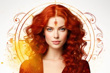 red-haired woman according to the horoscope with symbol of leo and fire, self-confident, on a white background