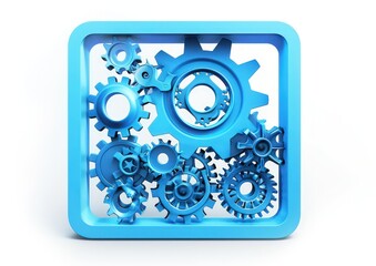 3d blue rounded square button with gears isolated white background, playful and colourful and bubbly pixelated 