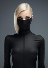 Fototapeta premium A Portrait of a Woman Dressed in Minimal Stealth Style Black Clothing-Against a Grey Background