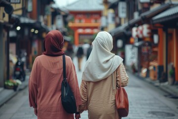 Two women walking down a street holding hands. Suitable for diversity and friendship concepts