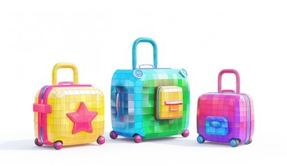 luggage set, travel set, in the style of experimental video art, isolated, white background