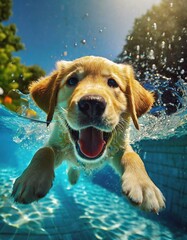 Underwater funny photo of golden labrador retriever puppy in swimming pool play with fun - jumping, diving deep