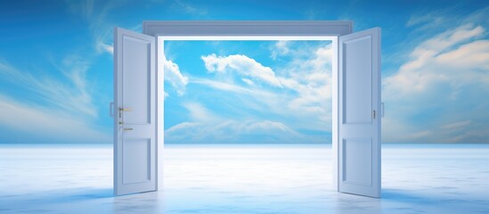 An open door is shown in the foreground, leading directly to a bright, clear blue sky in the background. The door acts as a clear pathway to the sky, creating a sense of openness and possibility.