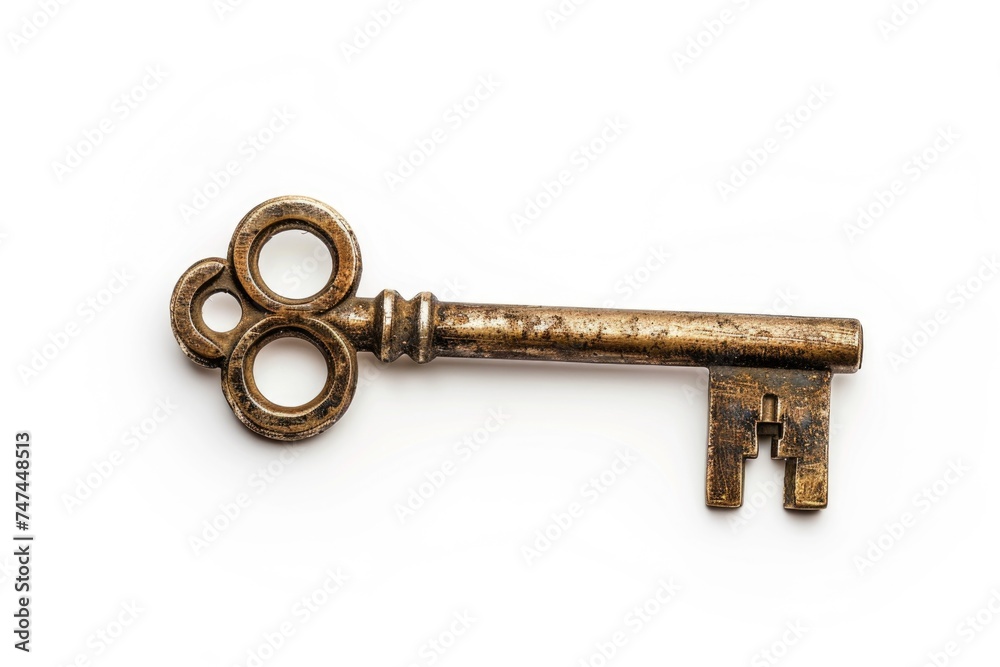 Poster detailed image of a key on a plain white background. suitable for security or home concept designs