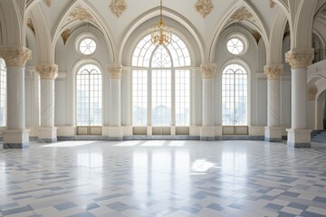 Large hall with marble floors and large arched windows