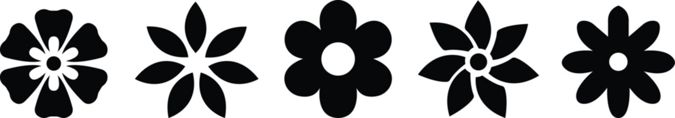 Flower icon set isolated on transparent background. simple icon. Flowers in modern simple. Cute round flower plant nature, Black color shape icon, hand drawn wreaths. Cute doodle floral wreath frame.