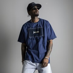 jeans man, raw & denim jeans premium goods t shirt navy blue, in the style of ad posters