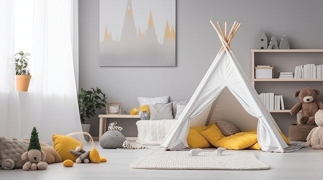 Fototapeta Jasny przytulny pokój dziecka w stylu boho mockup na obraz - dekoracje na ścianie. Szare i żółte kolory wnętrza. Render 3d. Wizualizacja 
