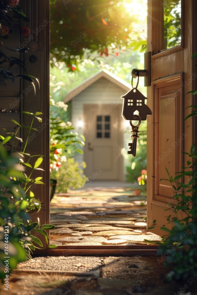 Aufkleber An open door with a key hanging from it. Suitable for concepts of security and access control
