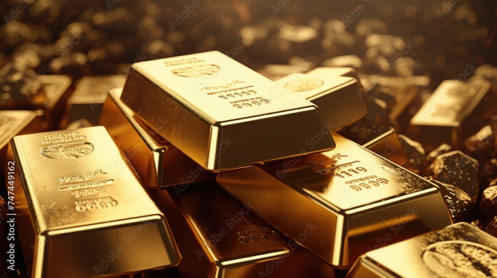 Poster a pile of gold bars stacked on top of each other. perfect for financial concepts