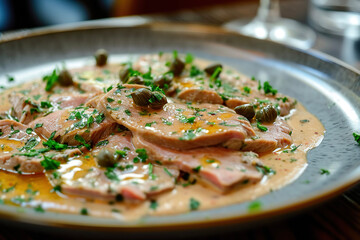 A plate of vitello tonnato, a classic Piedmontese dish made with thinly sliced veal, tuna sauce, and capers