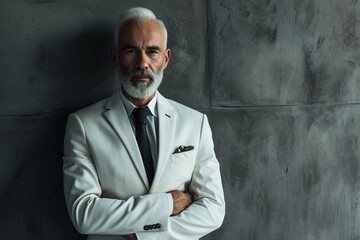 Mature elderly old stylish man with silver hair and beard wearing modern white suit stands with a confident pose against dark background with copyspace for text