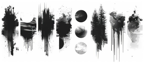 sets of different designs with paint on white background in the style of dark black and gray, pristine geometry, logo, multiple filter effect, emotive watercolors - obrazy, fototapety, plakaty