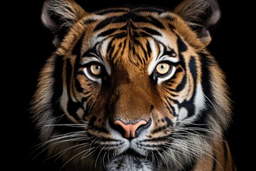 Fototapeta premium Close up of a tiger's face on a black background. Suitable for wildlife themes