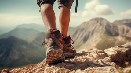 A person standing on top of a rocky mountain, ideal for outdoor and adventure concepts