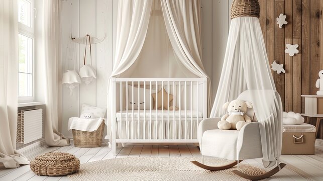 3d render of white baby room interior with crib and toys, ai generative