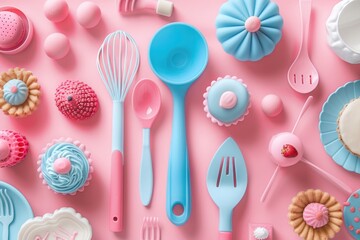 A vibrant pink table adorned with cupcakes and utensils. Perfect for party planning or baking-themed projects