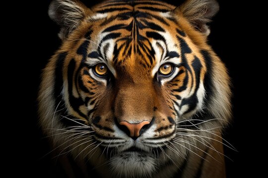 Close up of a tiger's face on a black background. Great for wildlife projects