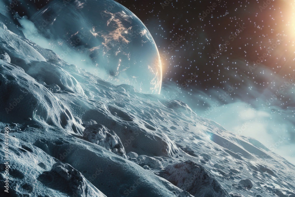 Poster a unique perspective of a planet seen from a rocky terrain. ideal for educational or scientific proj