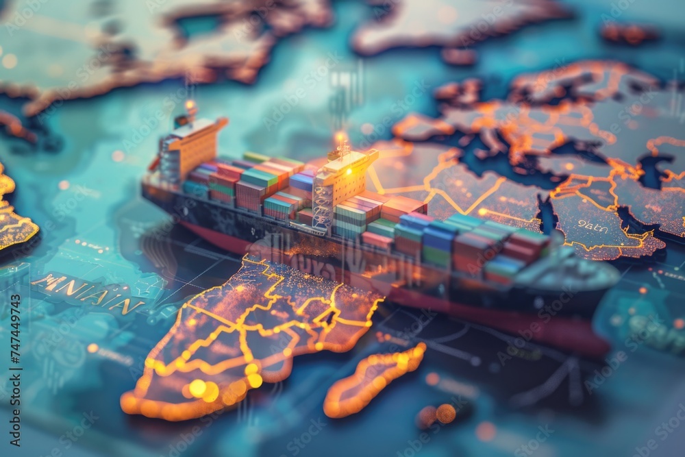 Poster A world map with a ship sailing on it. Suitable for travel and adventure concepts
