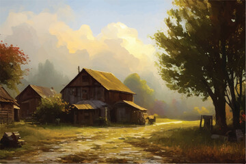 Oil painting of a Beautiful Village. Oil painting - houses in the village. Old historic Village. Oil paintings rural landscape. A rustic village scene, bathed in the ethereal glow of a heaven. 