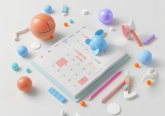 the calendar and other materials around a piece of book, in the style of digital illustration, isolated, white background