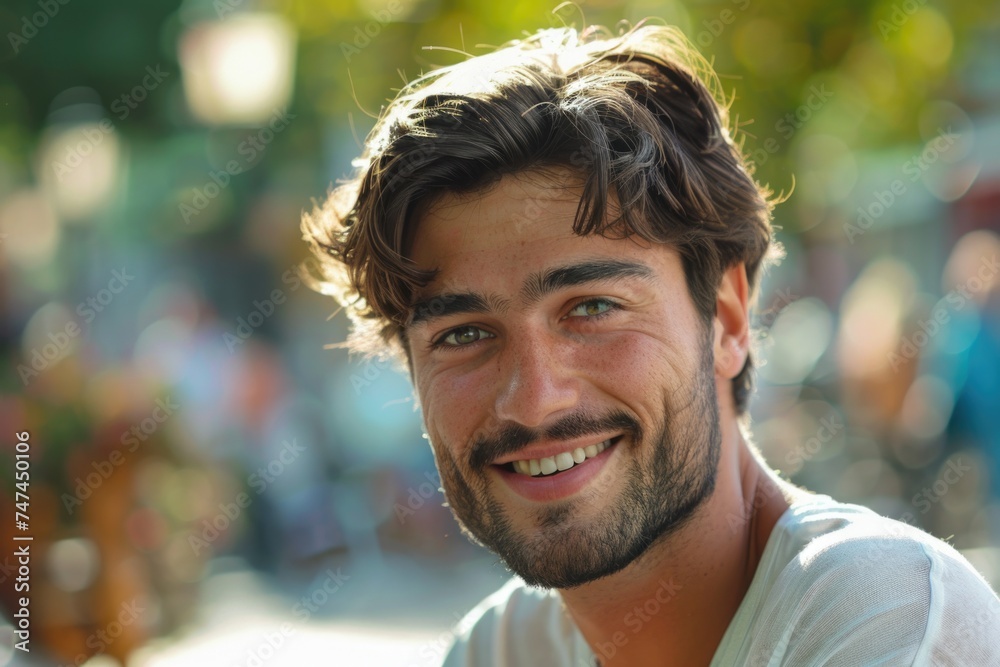Poster a man with a beard smiling at the camera. suitable for various commercial and personal projects