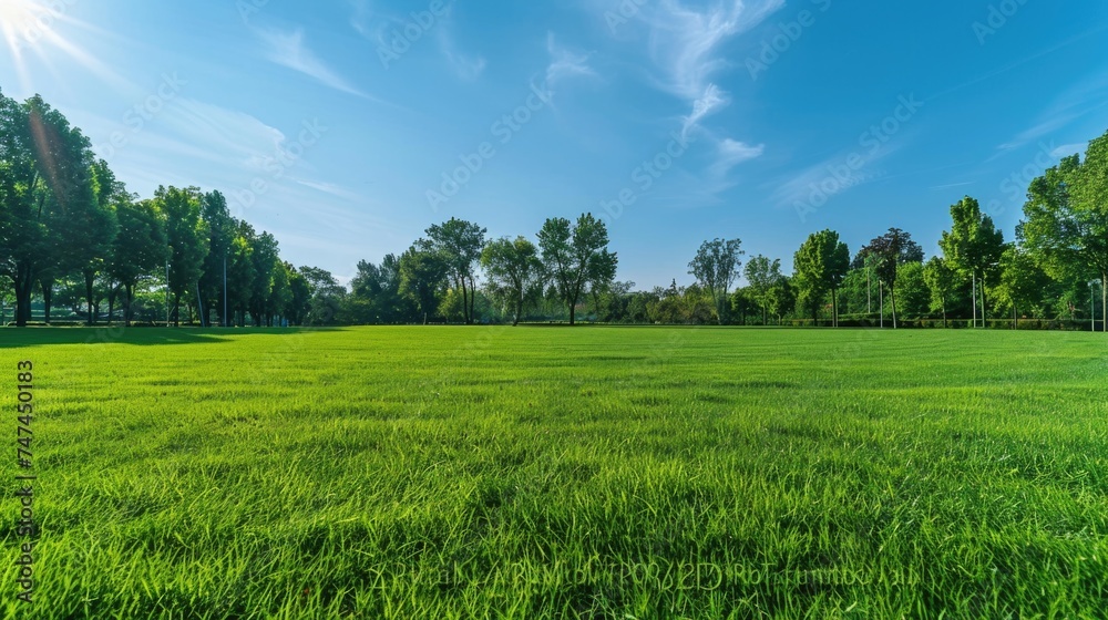 Poster a peaceful field of grass with trees in the background. suitable for nature and outdoor themes