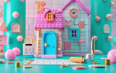 the house is in a checklist with coins and a meter pen,a 3d rendered blue rounded square button, playful and colourful and bubbly