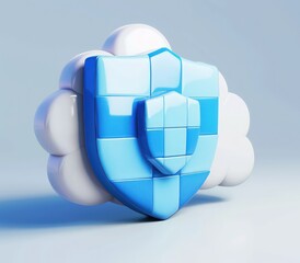 the shield icon on a cloud on the surface,, isolated white background, a 3d rendered blue rounded square button, playful and colorful and bubbly