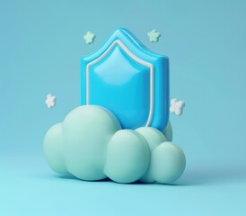 the shield icon on a cloud on the surface,, isolated white background, a 3d rendered blue rounded square button, playful and colorful and bubbly