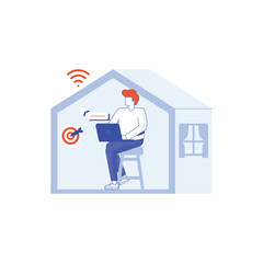 Working at home, co-working space, concept illustration. Young people, mаn and womаn Employees working on laptops and computers at home. People at home in quarantine. Vector flat style illustration