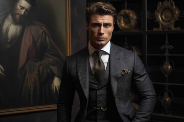 Dressed impeccably in a charcoal gray suit, the male model stands with poise against a backdrop of rich mahogany, his perfect hairstyle and attire embodying timeless sophistication.