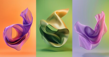 three colored wave shapes on a green and purple background, in the style of bright colors