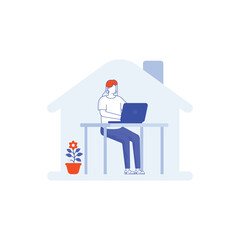 Working at home, co-working space, concept illustration. Young people, mаn and womаn Employees working on laptops and computers at home. People at home in quarantine. Vector flat style illustration