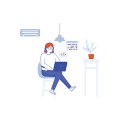 Working at home, co-working space, concept illustration. Young people, mаn and womаn Employees working on laptops and computers at home. People at home in quarantine. Vector flat style illustration