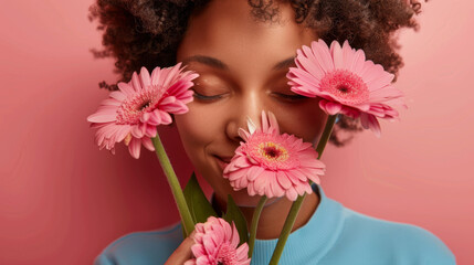 young woman with curly hair and closed eyes, holding and smelling pink gerbera flowers against a soft pink background.